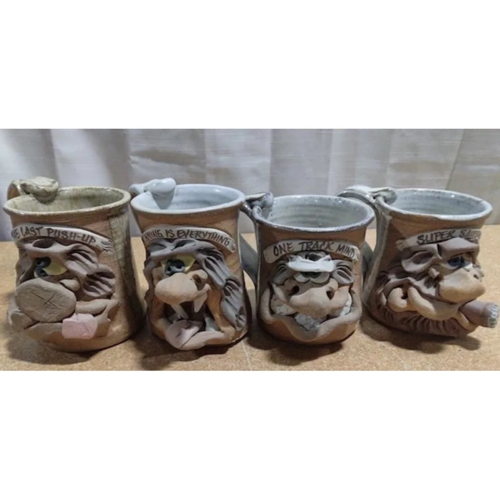 Ceramic Artistic Character Mugs 4ct Vintage Stoneware
